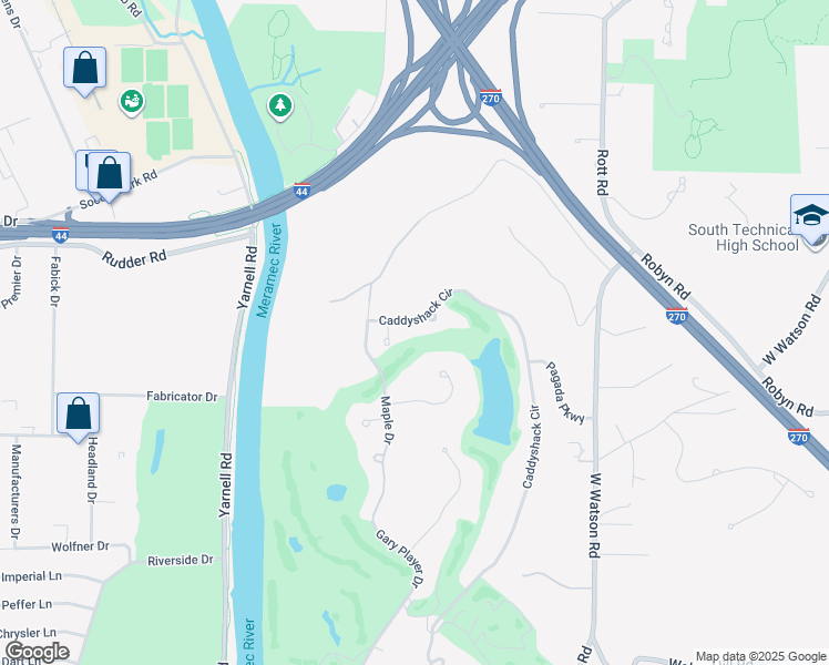 map of restaurants, bars, coffee shops, grocery stores, and more near 9213 Caddyshack Circle in St. Louis