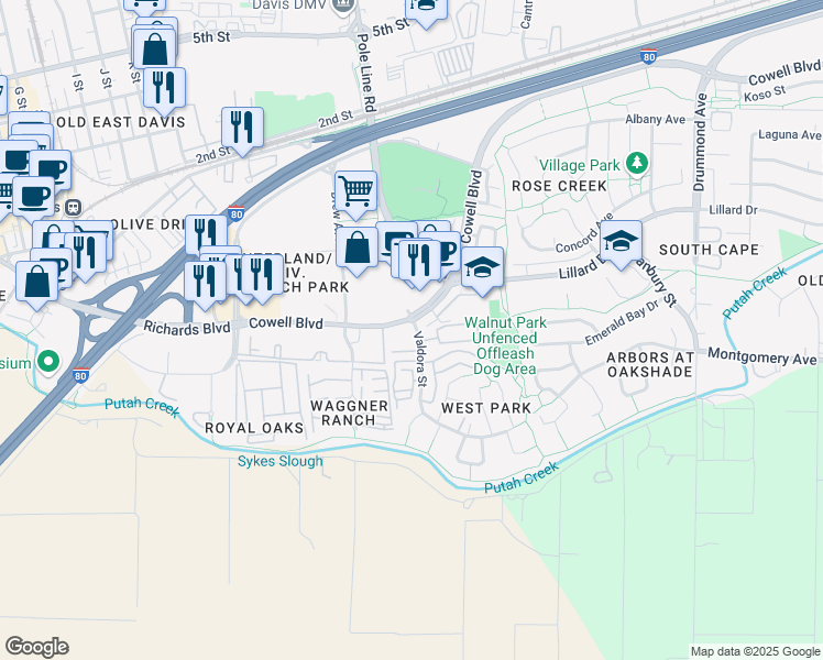 map of restaurants, bars, coffee shops, grocery stores, and more near 1515 Valdora Street in Davis