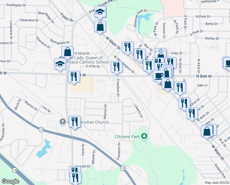 map of restaurants, bars, coffee shops, grocery stores, and more near 217 Freedom Drive in Belleville