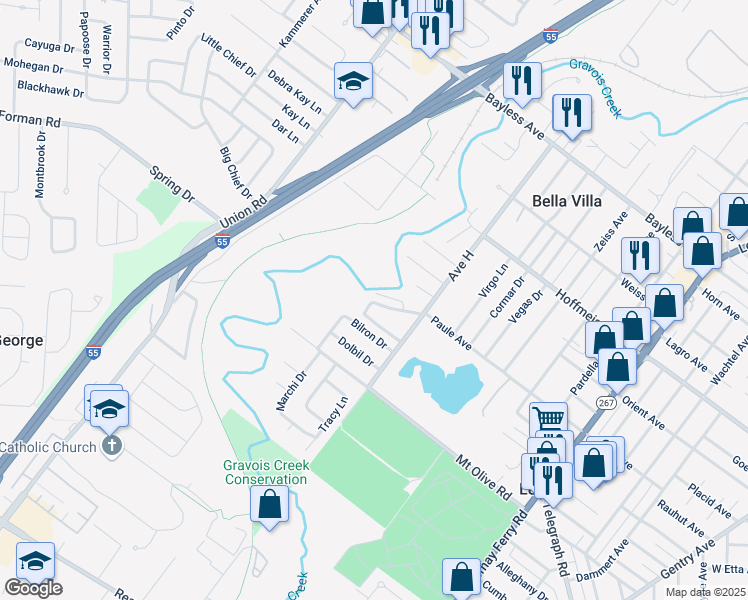 map of restaurants, bars, coffee shops, grocery stores, and more near 4122 Paule Avenue in St. Louis