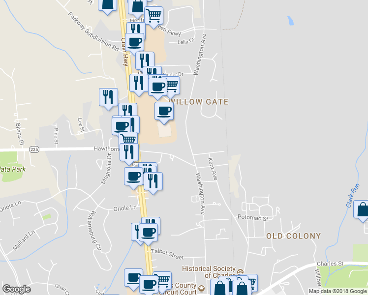 map of restaurants, bars, coffee shops, grocery stores, and more near 803 Washington Avenue in La Plata