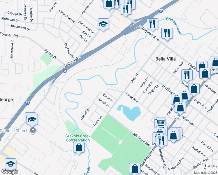 map of restaurants, bars, coffee shops, grocery stores, and more near 4122 Paule Avenue in St. Louis