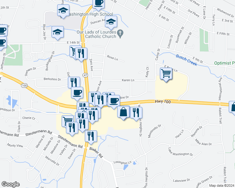 map of restaurants, bars, coffee shops, grocery stores, and more near 1013 Caroline Drive in Washington