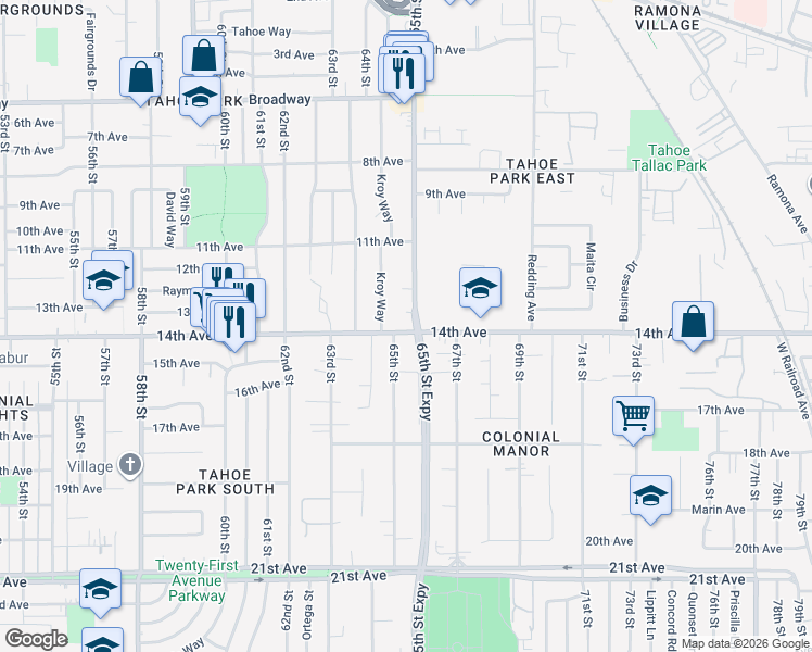 map of restaurants, bars, coffee shops, grocery stores, and more near 3866 65th Street in Sacramento