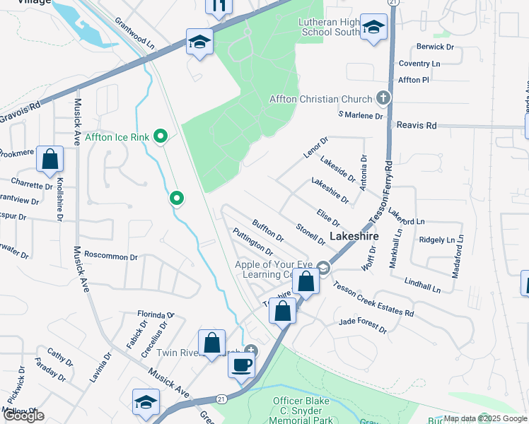 map of restaurants, bars, coffee shops, grocery stores, and more near 10165 Buffton Drive in St. Louis