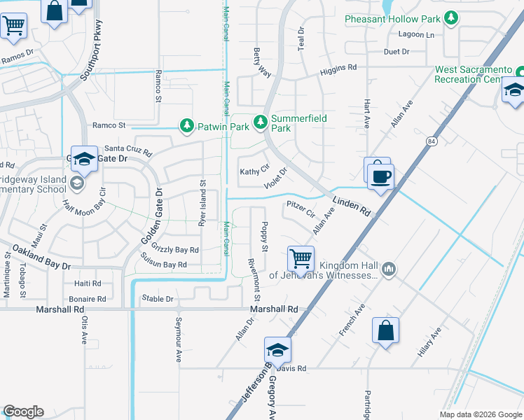 map of restaurants, bars, coffee shops, grocery stores, and more near 3165 Rivermont Street in West Sacramento
