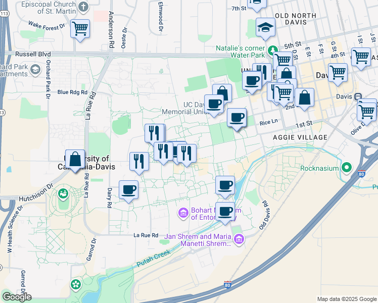 map of restaurants, bars, coffee shops, grocery stores, and more near in Davis