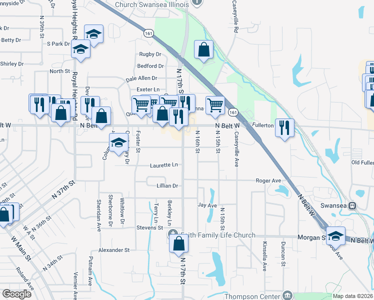 map of restaurants, bars, coffee shops, grocery stores, and more near 1910 North 17th Street in Belleville
