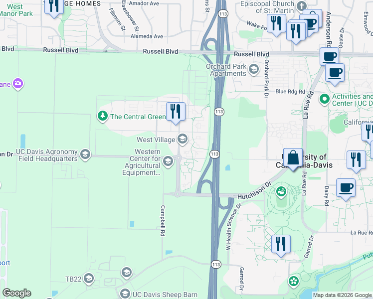 map of restaurants, bars, coffee shops, grocery stores, and more near 100C Sage Street in Davis