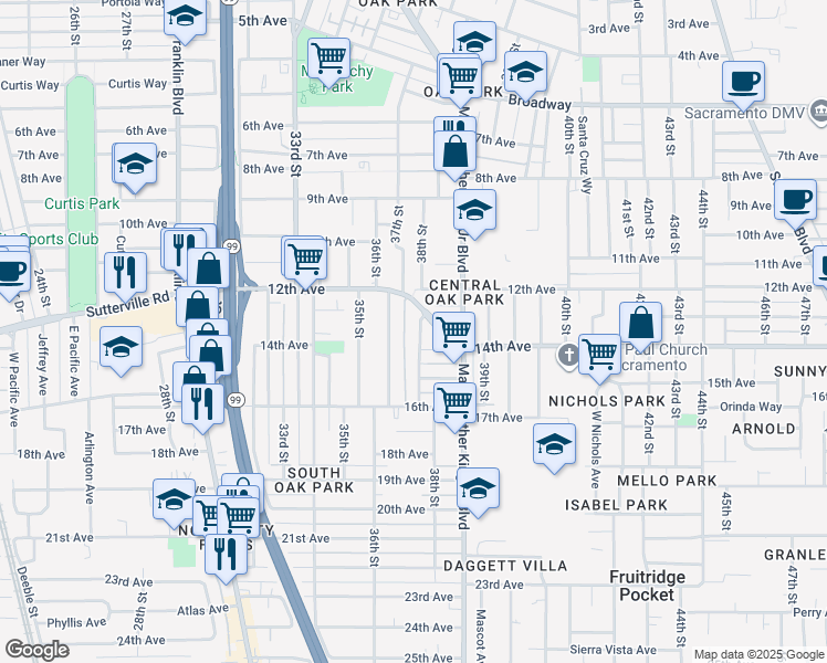 map of restaurants, bars, coffee shops, grocery stores, and more near 3856 38th Street in Sacramento