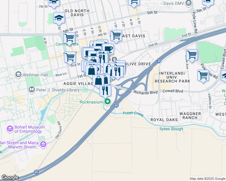 map of restaurants, bars, coffee shops, grocery stores, and more near 1179 Richards Boulevard in Davis