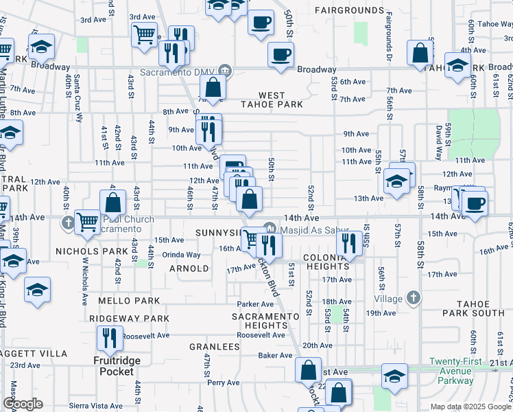 map of restaurants, bars, coffee shops, grocery stores, and more near 4903 14th Avenue in Sacramento