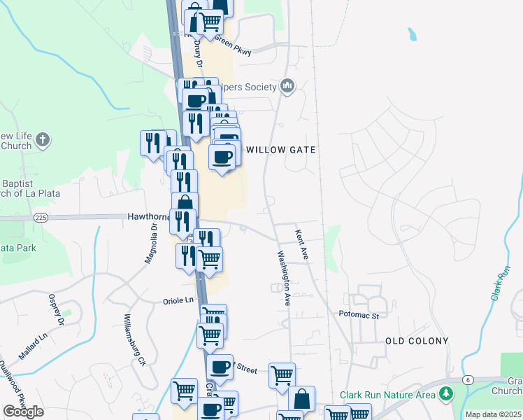 map of restaurants, bars, coffee shops, grocery stores, and more near 803 Washington Avenue in La Plata