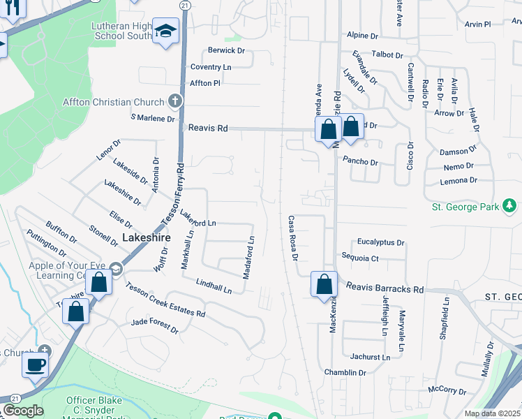 map of restaurants, bars, coffee shops, grocery stores, and more near 9801 Lakeford Lane in Affton