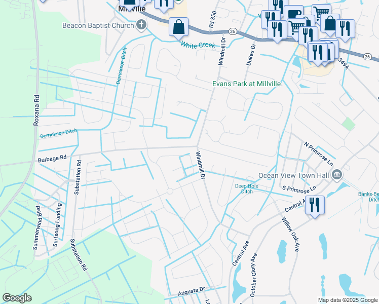 map of restaurants, bars, coffee shops, grocery stores, and more near 33285 Lone Cedar Landing in Millville