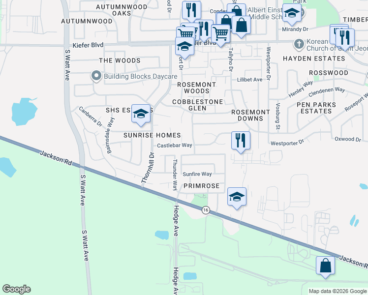 map of restaurants, bars, coffee shops, grocery stores, and more near 9117 Sunfire Way in Sacramento