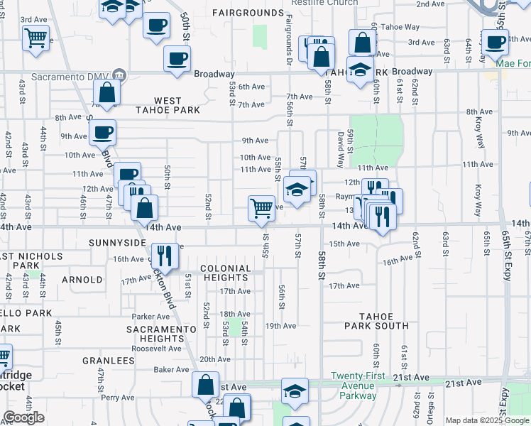 map of restaurants, bars, coffee shops, grocery stores, and more near 5450 14th Avenue in Sacramento