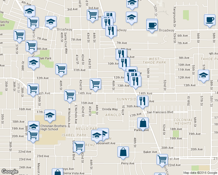 map of restaurants, bars, coffee shops, grocery stores, and more near 4551 14th Avenue in Sacramento