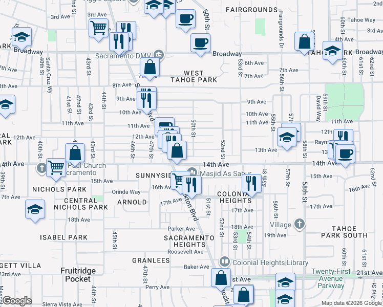 map of restaurants, bars, coffee shops, grocery stores, and more near 5009 14th Avenue in Sacramento