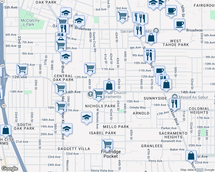 map of restaurants, bars, coffee shops, grocery stores, and more near 3804 42nd Street in Sacramento