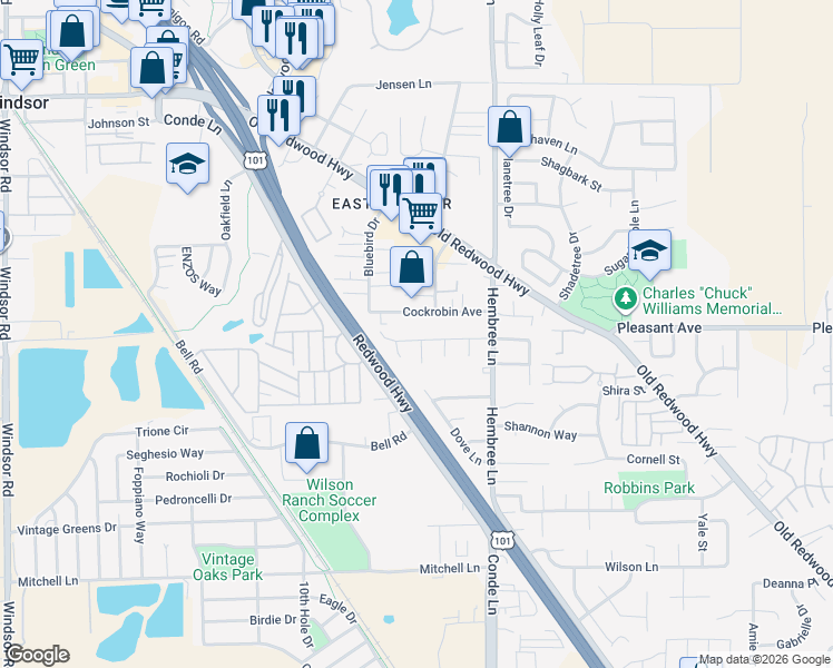 map of restaurants, bars, coffee shops, grocery stores, and more near 8050 Dove Lane in Windsor