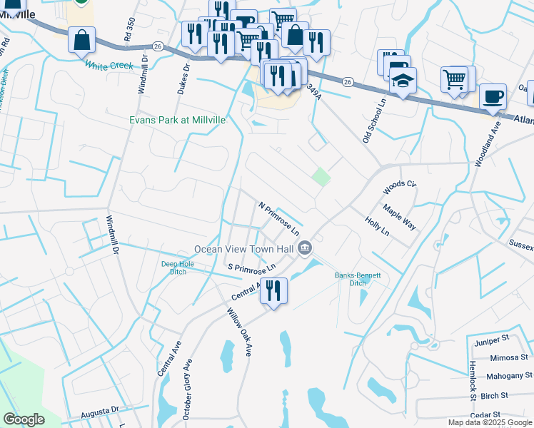map of restaurants, bars, coffee shops, grocery stores, and more near 16 North Primrose Lane in Ocean View