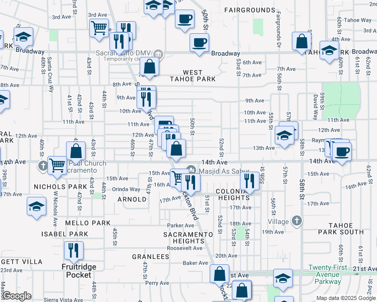 map of restaurants, bars, coffee shops, grocery stores, and more near 4903 14th Avenue in Sacramento