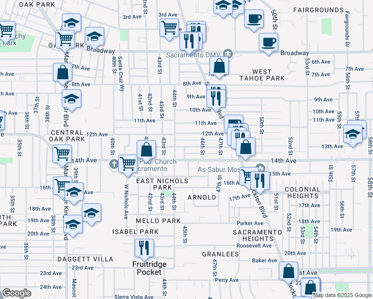 map of restaurants, bars, coffee shops, grocery stores, and more near 3845 44th Street in Sacramento