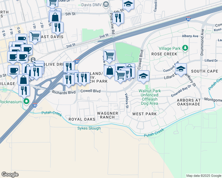 map of restaurants, bars, coffee shops, grocery stores, and more near 2020 Cowell Boulevard in Davis