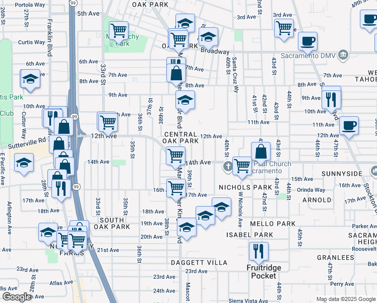 map of restaurants, bars, coffee shops, grocery stores, and more near 3883 14th Avenue in Sacramento