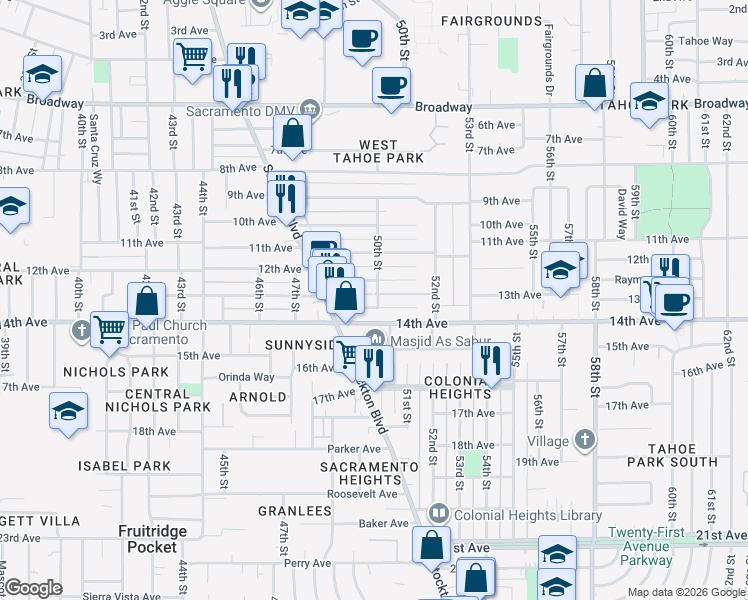 map of restaurants, bars, coffee shops, grocery stores, and more near 5009 14th Avenue in Sacramento
