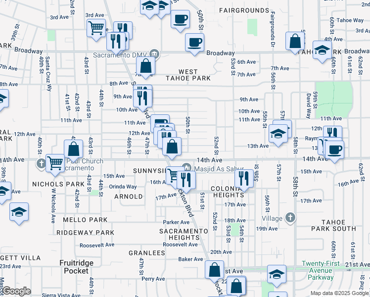 map of restaurants, bars, coffee shops, grocery stores, and more near 5009 14th Avenue in Sacramento