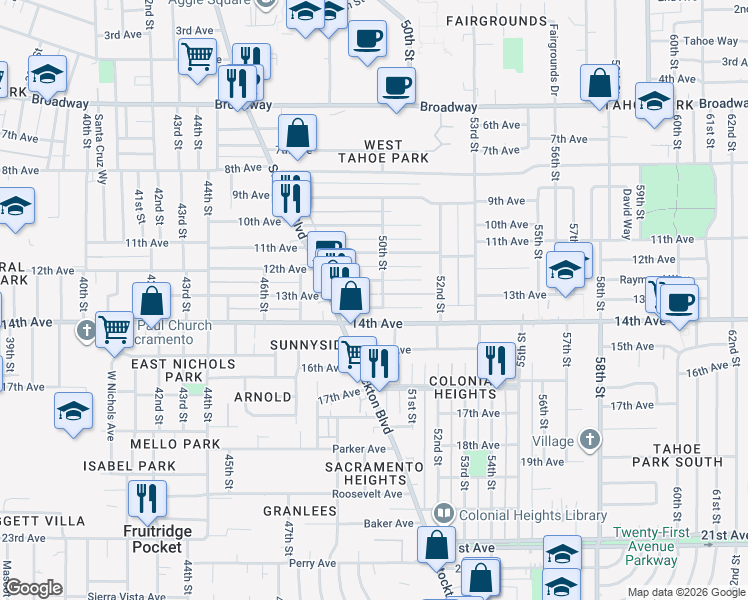 map of restaurants, bars, coffee shops, grocery stores, and more near 4903 14th Avenue in Sacramento