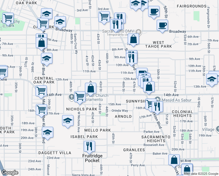 map of restaurants, bars, coffee shops, grocery stores, and more near 3845 44th Street in Sacramento