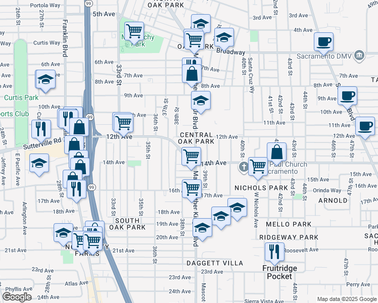 map of restaurants, bars, coffee shops, grocery stores, and more near 3829 14th Avenue in Sacramento