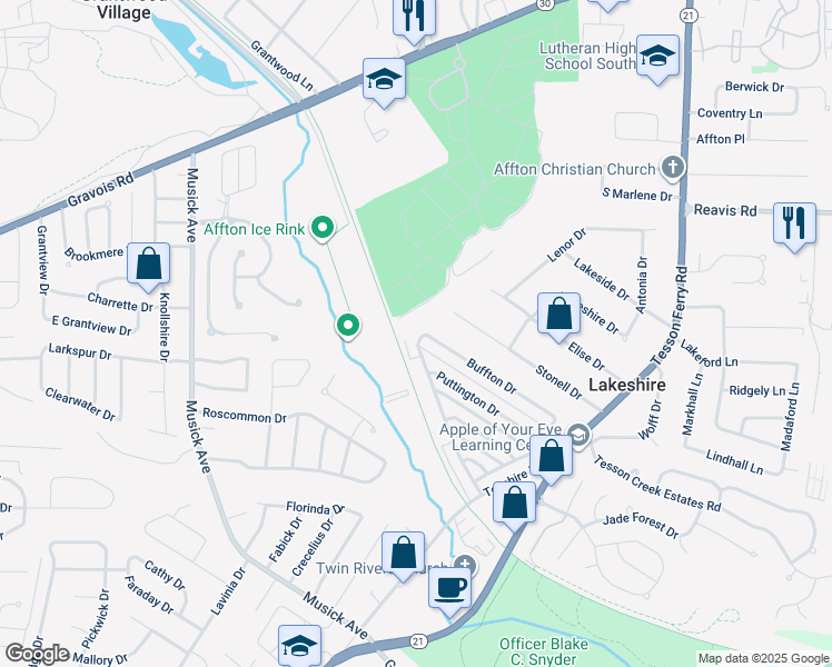 map of restaurants, bars, coffee shops, grocery stores, and more near 10242 Squire Meadows Drive in St. Louis