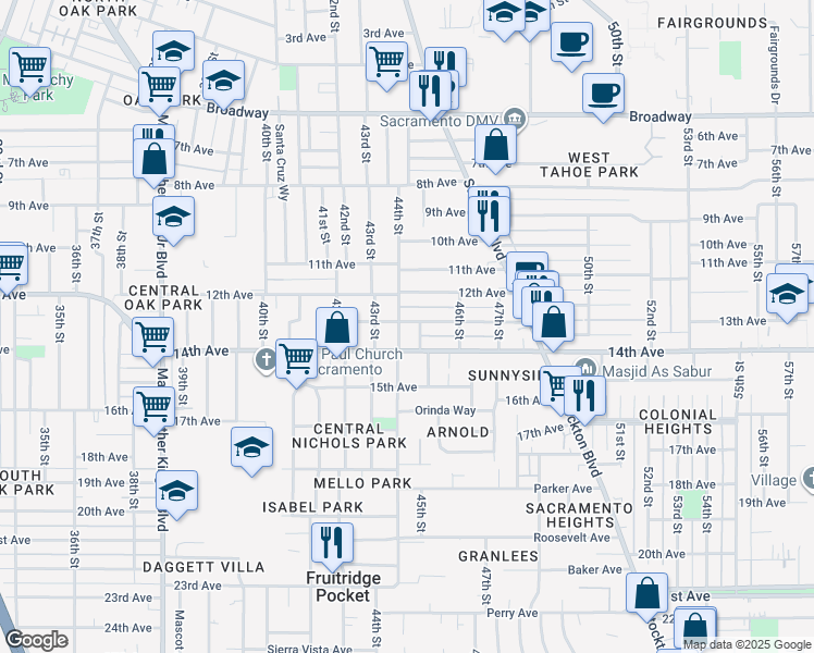 map of restaurants, bars, coffee shops, grocery stores, and more near 3845 44th Street in Sacramento
