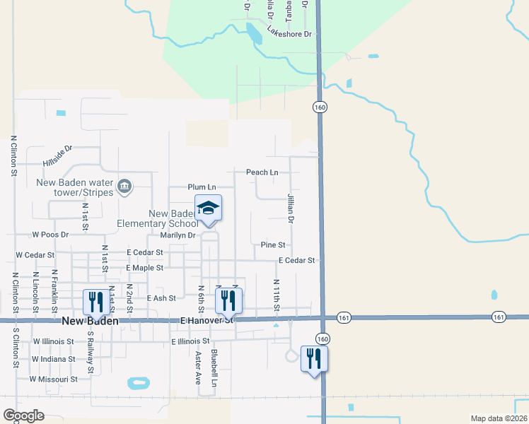 map of restaurants, bars, coffee shops, grocery stores, and more near 1007 Jessica Drive in New Baden