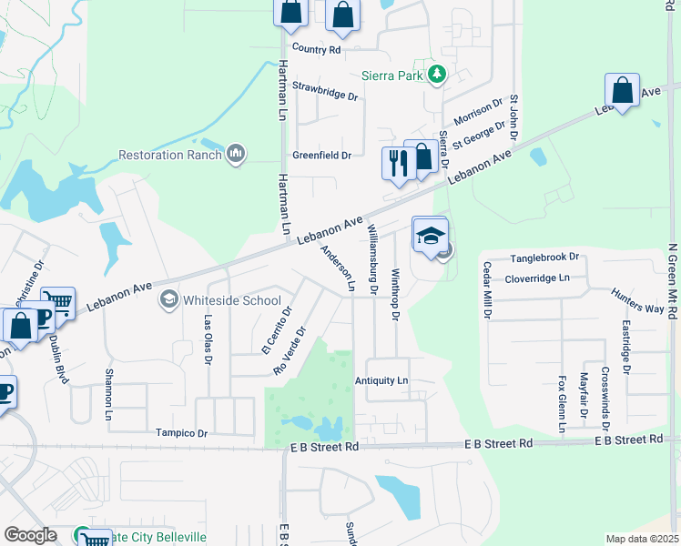 map of restaurants, bars, coffee shops, grocery stores, and more near 101 Anderson Lane in Belleville