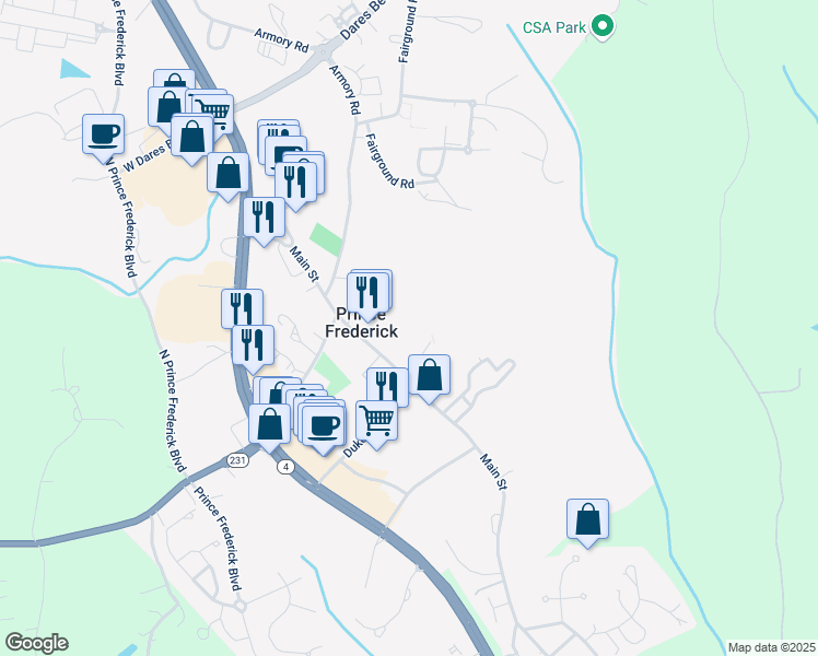 map of restaurants, bars, coffee shops, grocery stores, and more near 150 Main Street in Prince Frederick