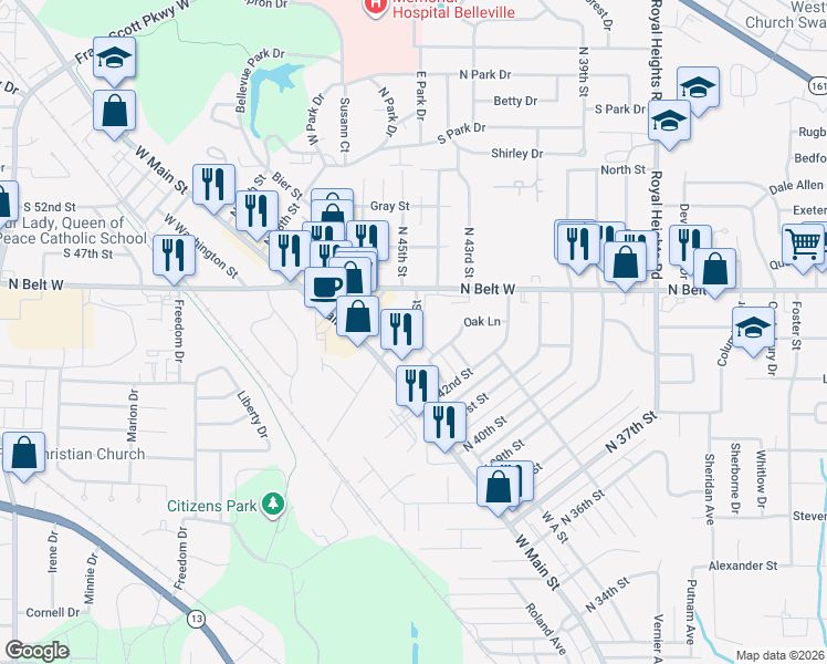 map of restaurants, bars, coffee shops, grocery stores, and more near 23 North 44th Street in Belleville