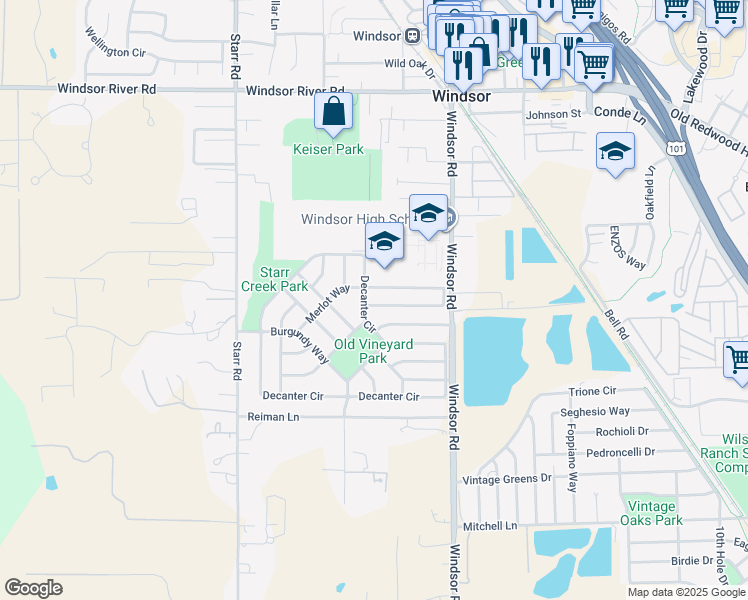 map of restaurants, bars, coffee shops, grocery stores, and more near 312 Bouquet Circle in Windsor