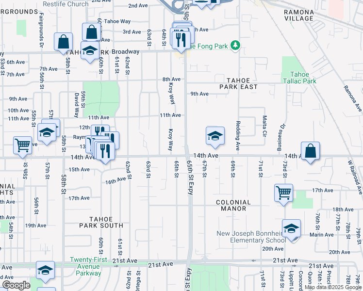 map of restaurants, bars, coffee shops, grocery stores, and more near 3828 65th Street in Sacramento