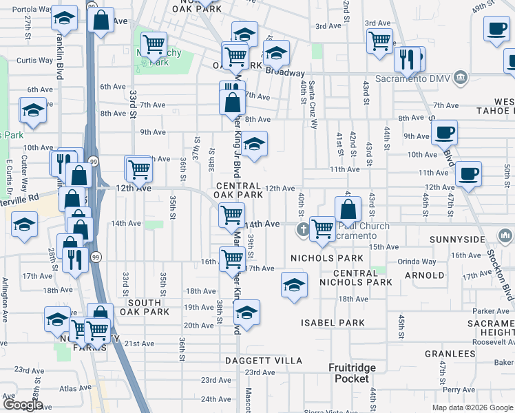 map of restaurants, bars, coffee shops, grocery stores, and more near 3896 12th Avenue in Sacramento
