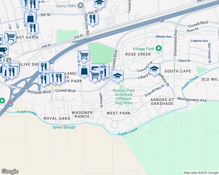 map of restaurants, bars, coffee shops, grocery stores, and more near 2191C Cowell Boulevard in Davis