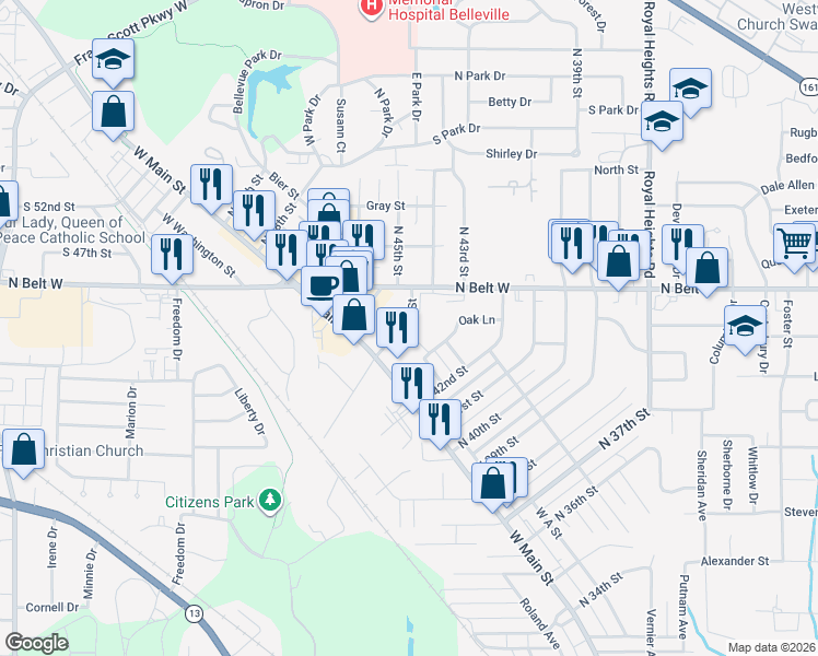 map of restaurants, bars, coffee shops, grocery stores, and more near 23 North 44th Street in Belleville