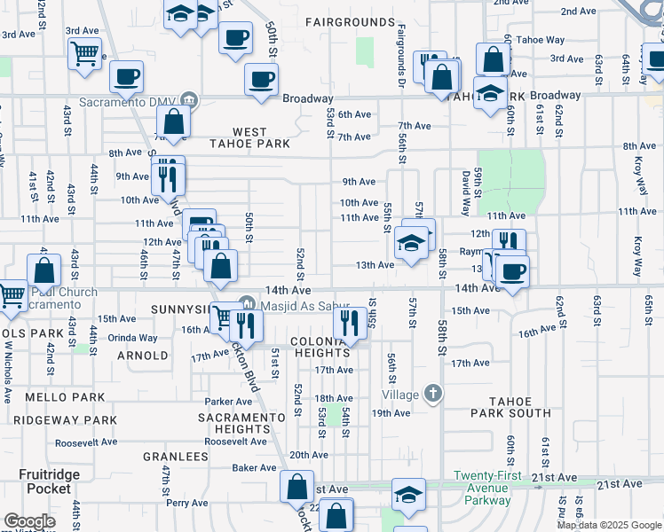 map of restaurants, bars, coffee shops, grocery stores, and more near 53rd Street & 13th Avenue in Sacramento