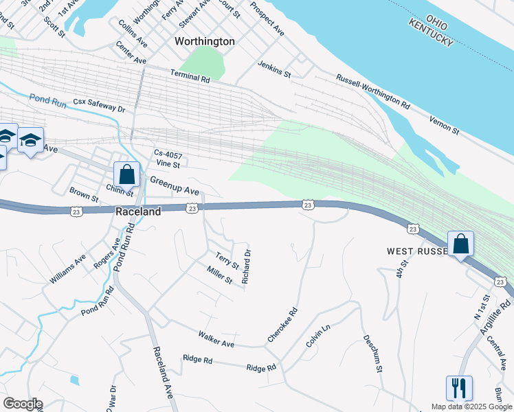 map of restaurants, bars, coffee shops, grocery stores, and more near U.S. 23 in Russell
