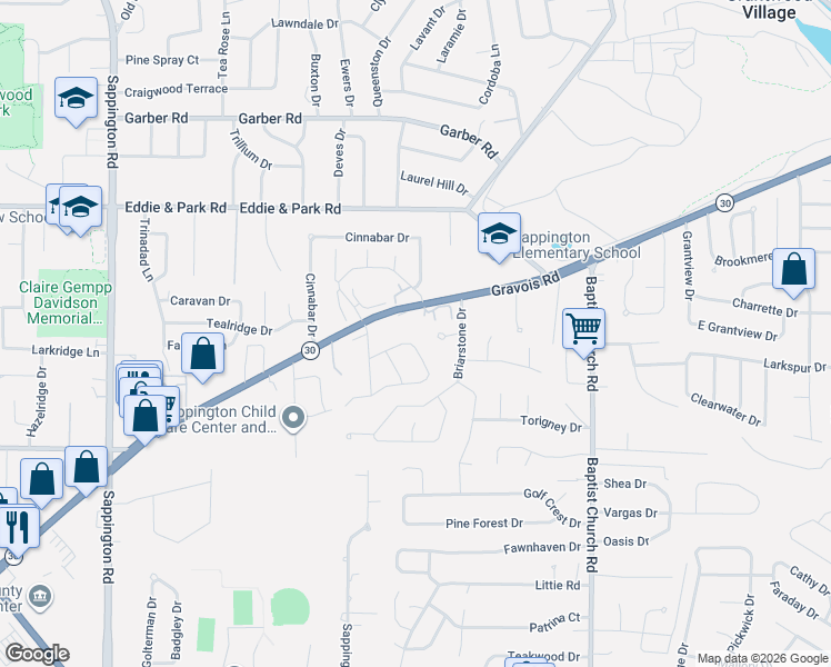 map of restaurants, bars, coffee shops, grocery stores, and more near 9816 Mondrian Lane in Sappington
