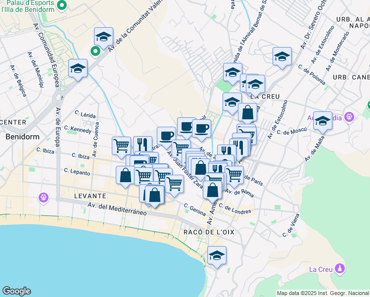 map of restaurants, bars, coffee shops, grocery stores, and more near 11 Avenida de Zamora in Benidorm